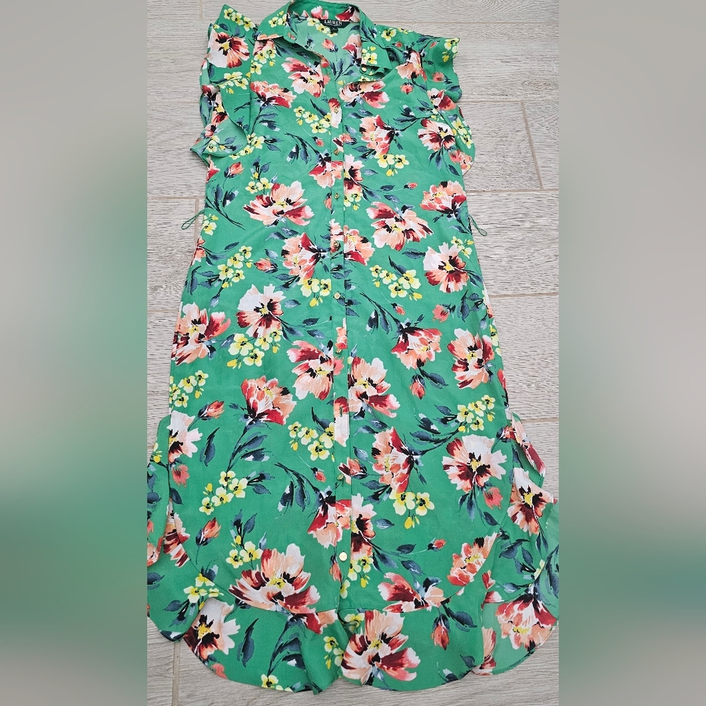 Lauren Ralph Lauren Floral Georgette Shirt Dress - Green/Pink - Size 4